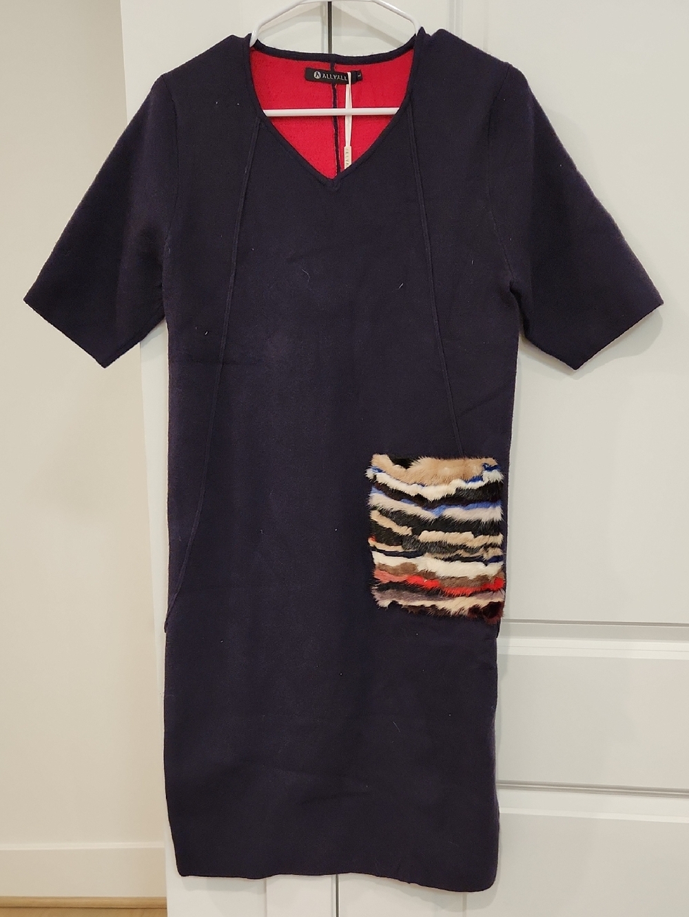 NWT Mink Fur Wool Dress with Multicolor Striped Mink Fur Pocket